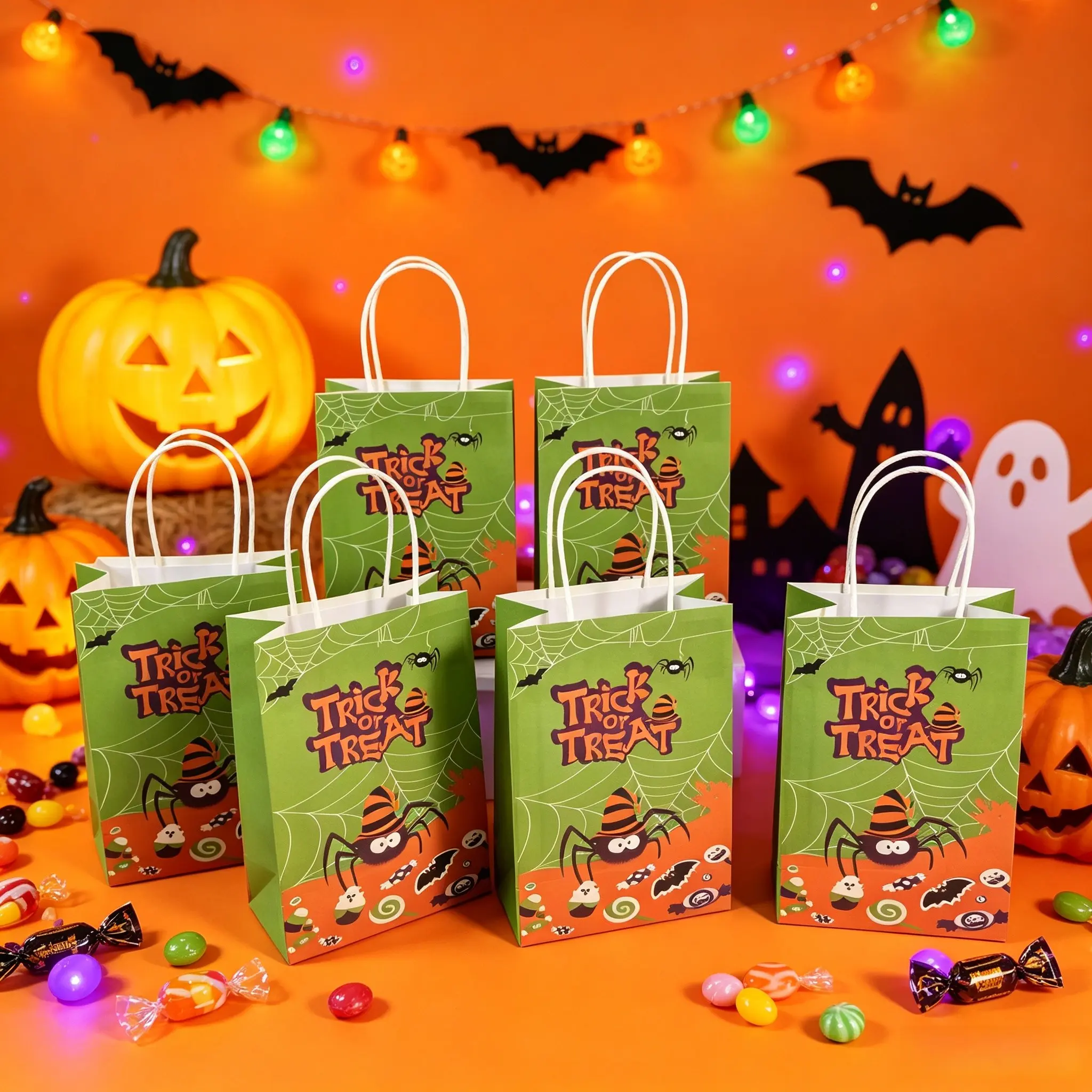 12pcs Halloween Paper Gift Bags, Trick or Treat Bags with Handles, Spider Web, Witch Print, Ghost Bat, Party Favor Bags, Foldable, Bulk Pack