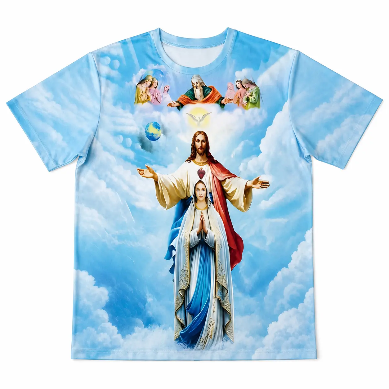 Men's Jesus and Virgin Mary in heavenlyclouds Graphic T-Shirt, Short Sleeve Crew NeckAll Over Print Tee, Casual Statement Top, JesusMary graphic shirt, Christian faith tee, religiousT-shirt, Catholic inspired apparel, spiritual gift,Everyday