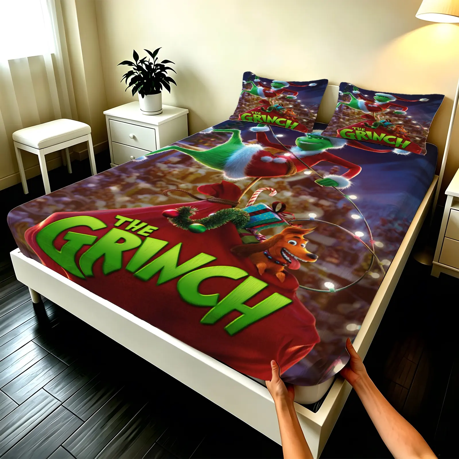3pcs Fitted sheet The Grinch Christmas Pattern Soft Microfiber Bedding Set Wrinkle Resistant Fade Proof Breathable Comfortable for Bedroom Home Decor Twin Full Queen King Size