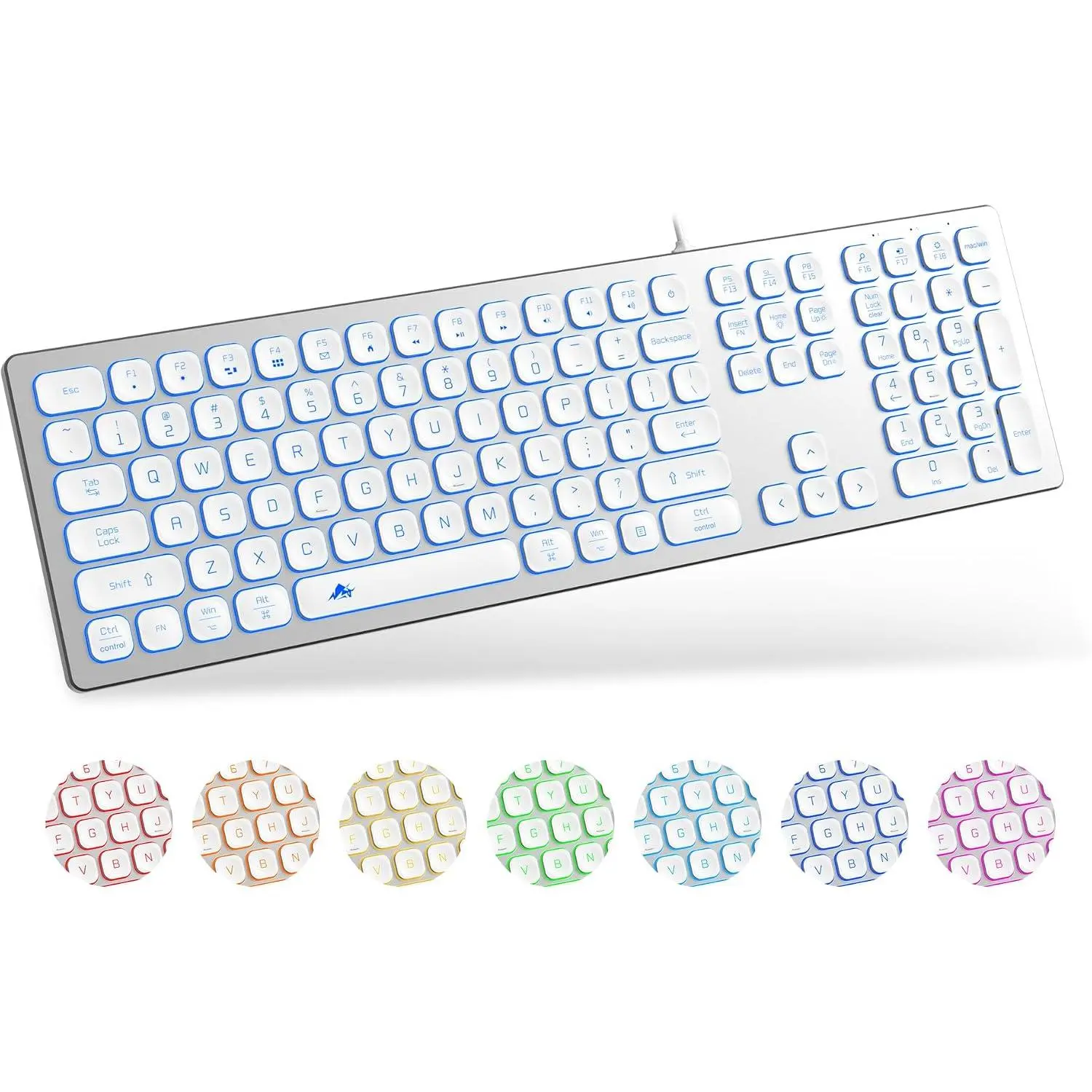 Quiet Wired Keyboard Backlit- Slim Chiclet Key Compatible with  iMac, MacBook,  and PC, USB Keyboard Numeric Keypad RGB Lighted Key -  White