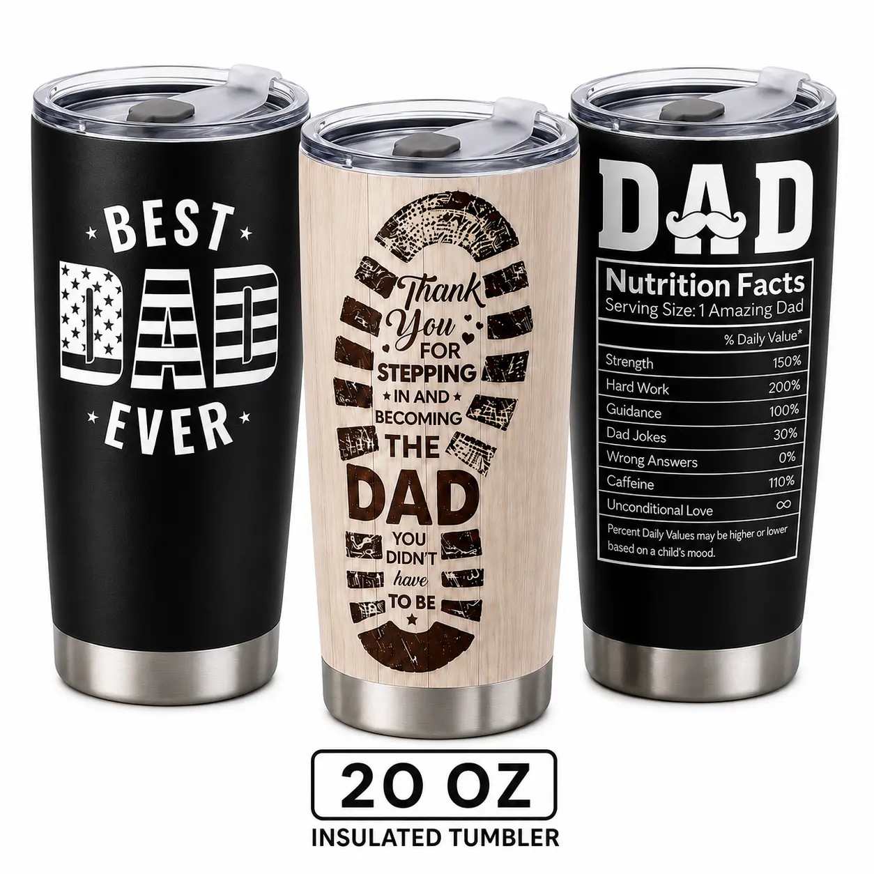 "Stepped Up Dad" 20oz Stainless Steel Vacuum Insulated Tumbler with Lid, Portable Flask, Meaningful Stepchild Gift for Dad on Father's Day, Heart Makes Us Family Insulated Drink Tumbler