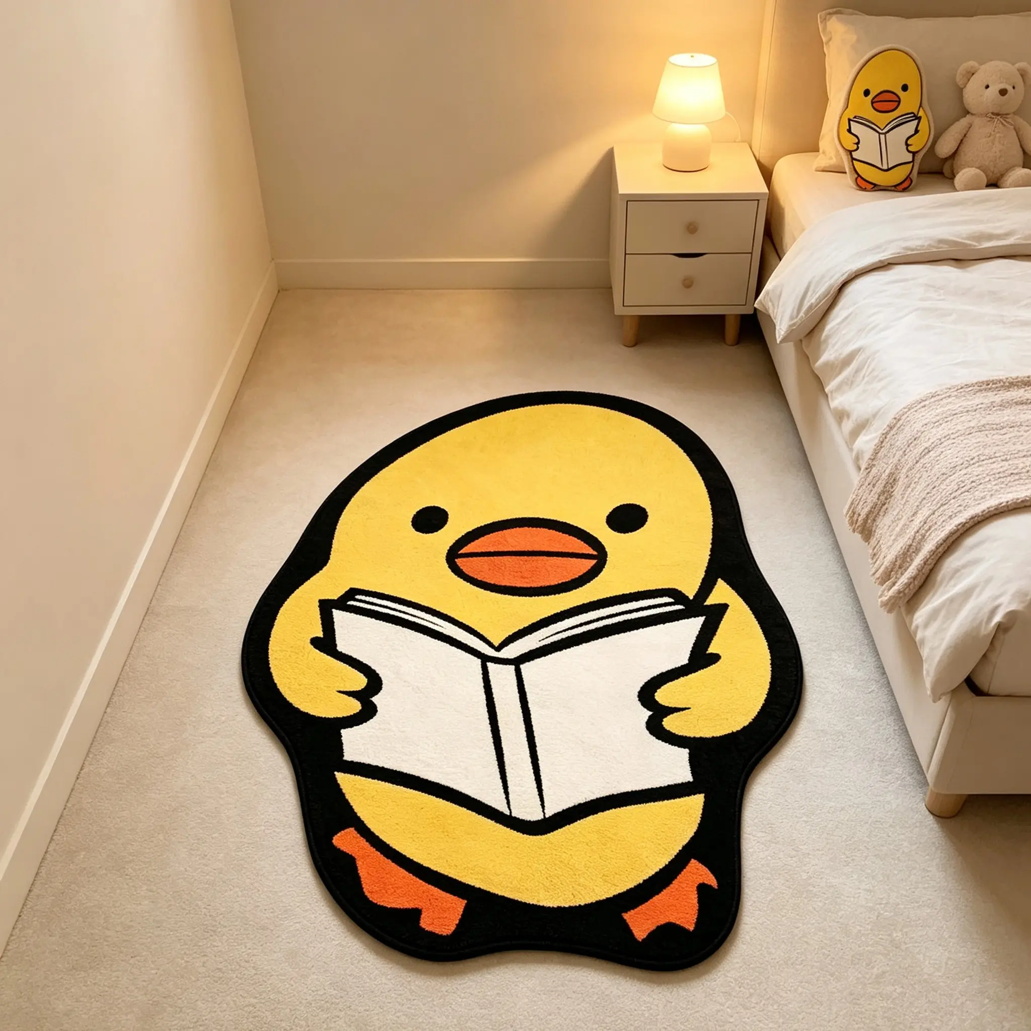 Cute Duck Reading Rug, Soft Textile Carpet for Bedroom Bedside, Non-Slip Kitchen Floor Mat, Creative Irregular Foot Pad
