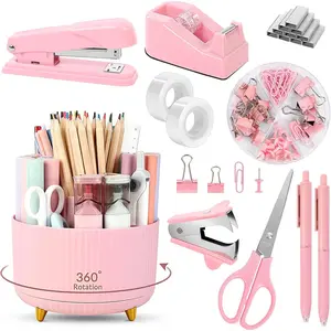 10Pcs Pink Desk Accessories Set - Rotating Pen Holder, Stapler, Staple Remover, Tape Dispenser with 2pcs Tape Refills, Binder Paper Clips, Scissor, Pink Office & School Supplies