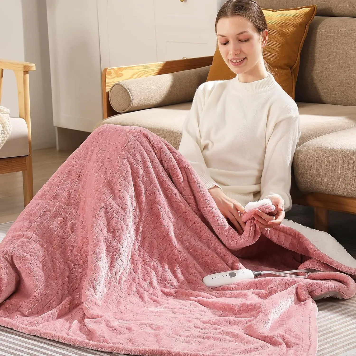 Women's Pink Twin Electric Heating Blanket (62"x84") - Wheat Pattern Ultra-Soft Flannel & Thick Sherpa, 5 Heat Settings, 10-Hour Auto Shut-Off, ETL & FCC Certified, Machine Washable Home Use