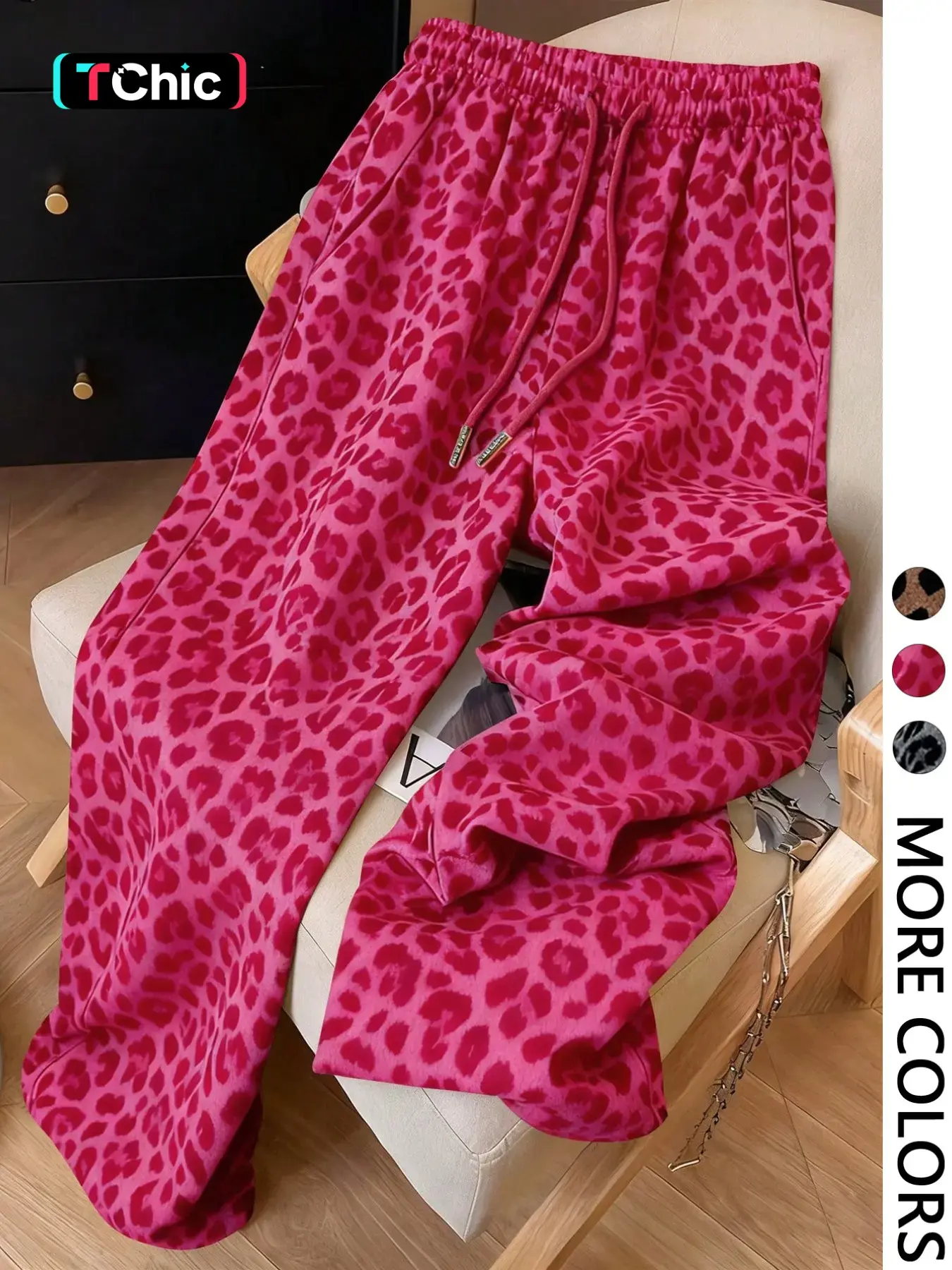 1 Piece Women Leopard Print Drawstring Wide Leg Long Pants Elastic High Waist Loose Relaxed Fit Street Casual Daily Going Out Lounge Fashion Trousers With Side Pockets Figure Flattering Comfy Casual Summer Bottoms For Ladies All Season Indoor Outdoor Wear