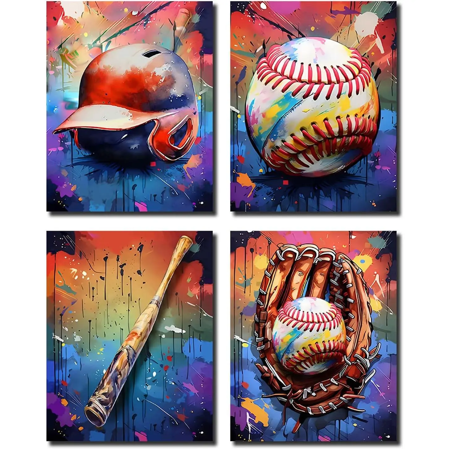 Baseball Wall Art Canvas Prints - 8x10 In Unframed Set of 4, Sports Theme Vintage Graffiti Posters for Boys' Room, Man Cave Indoor Decor, Four Pieces