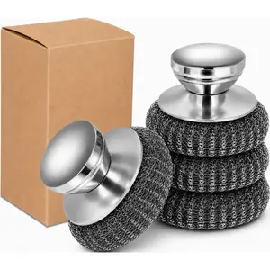 4Pcs Stainless Steel Wool Scrubber Set with Handle, Non-Scratch Wire Sponges & Scouring Pads for Cast Iron, Stock Pots, Grills