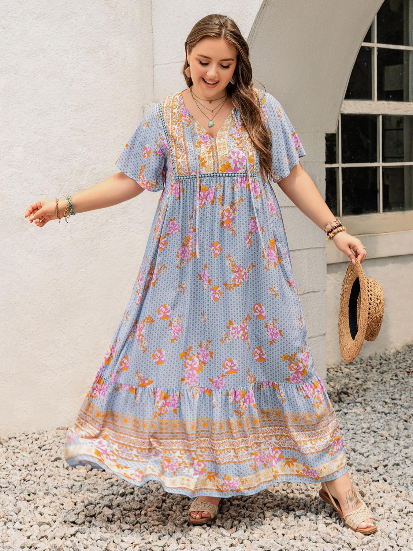 Plus Size Patchwork Floral Print Tie Neck Contrast Lace Ruffle Hem Long Dress, Boho Butterfly Sleeve Smock Dress, Ladies Summer Clothes for Vacation