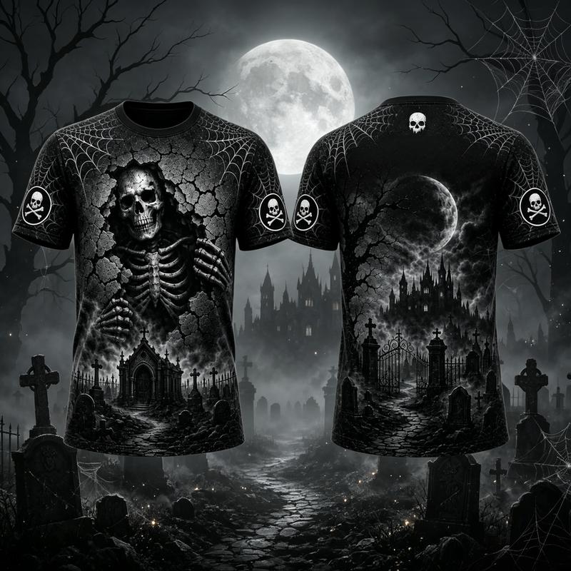 Menswear Dark Gothic Skeleton King Throne All-Over Print T-Shirt - Black Skull Graphic, Vintage Horror, Round Neck Silk Garment