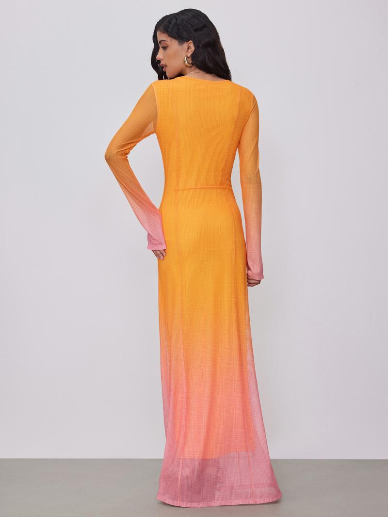 Cider [2 colors, size 0-10] Miami Sunset Vacation 【Ramadan Limited Edition】Mesh Round Neck Gradient Maxi Dress