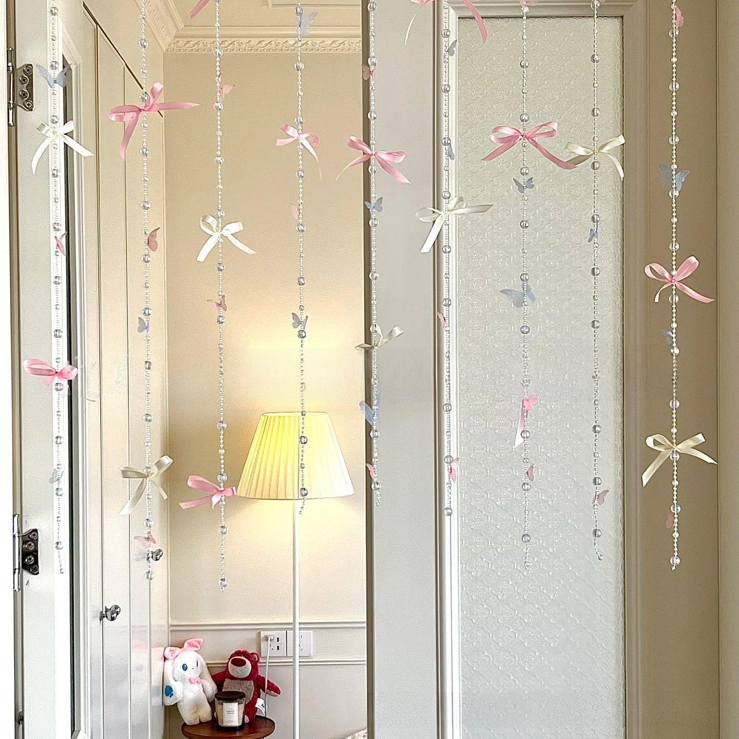 Beaded Door Curtain with Bow, Hanging String Curtain for Bedroom Closet, Aesthetic Room Decor