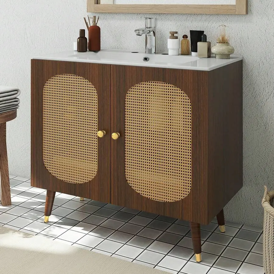 Walnut-Black Wood Bathroom Vanity with Sink, 24In/36In Freestanding Cabinet with Woven Rattan Pattern, Rectangular 18.9"d x 24"w x 34.6" Soft-Closing Door