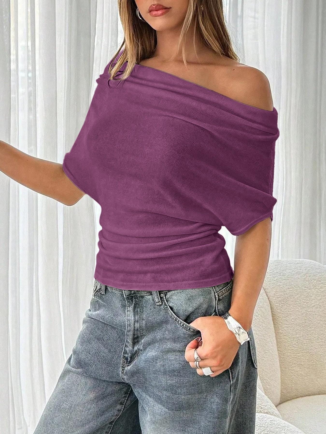 2026 Summer New Women's T-shirt, Sexy Hot Girl Off-the-Shoulder Slim Fit Batwing Sleeve Top