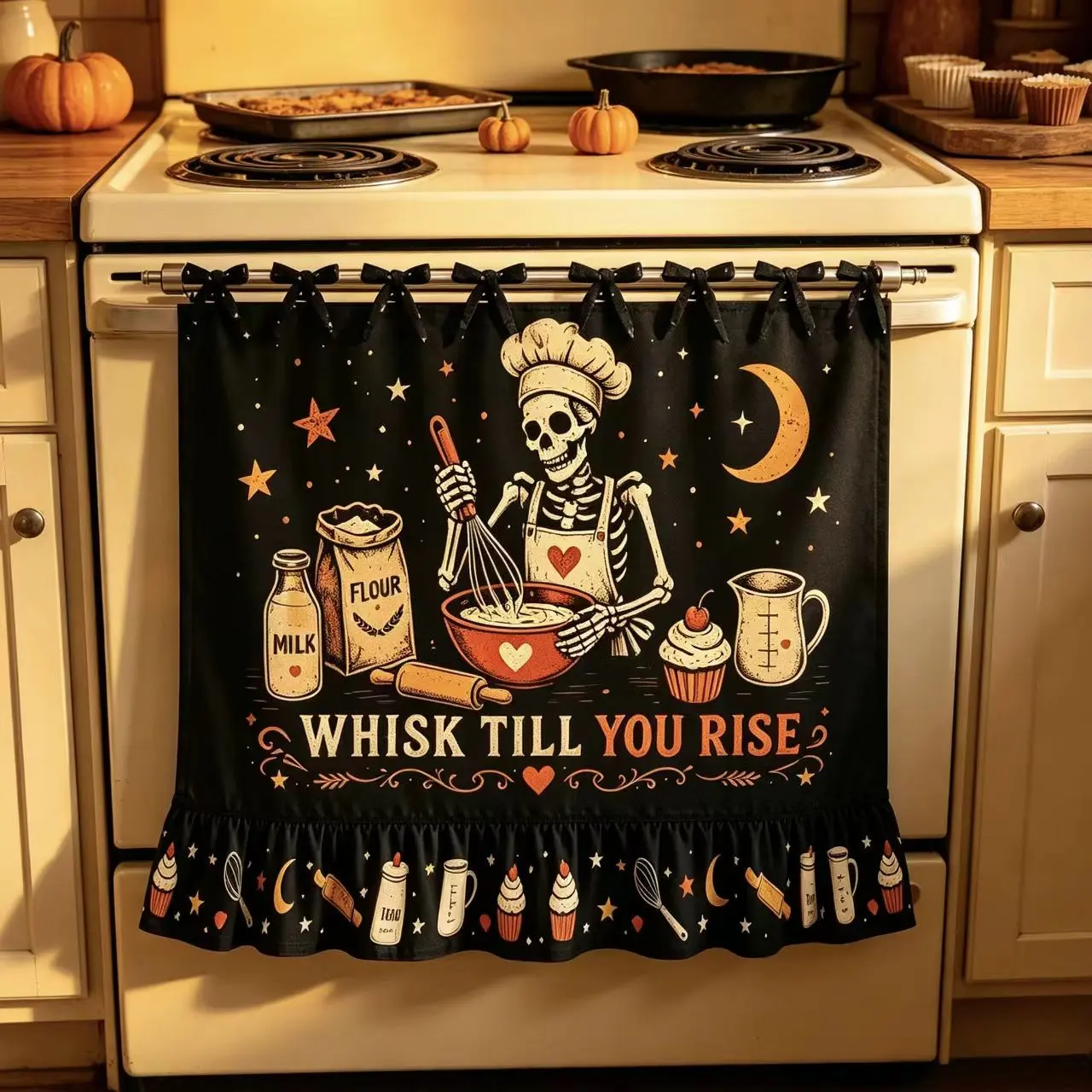 Halloween Style Oven Curtain, Kitchen Decor and Cabinet Accessories, Lace Trimmed Bottom and Top Tie Design, Festive Country Christmas Kitchen Decoration