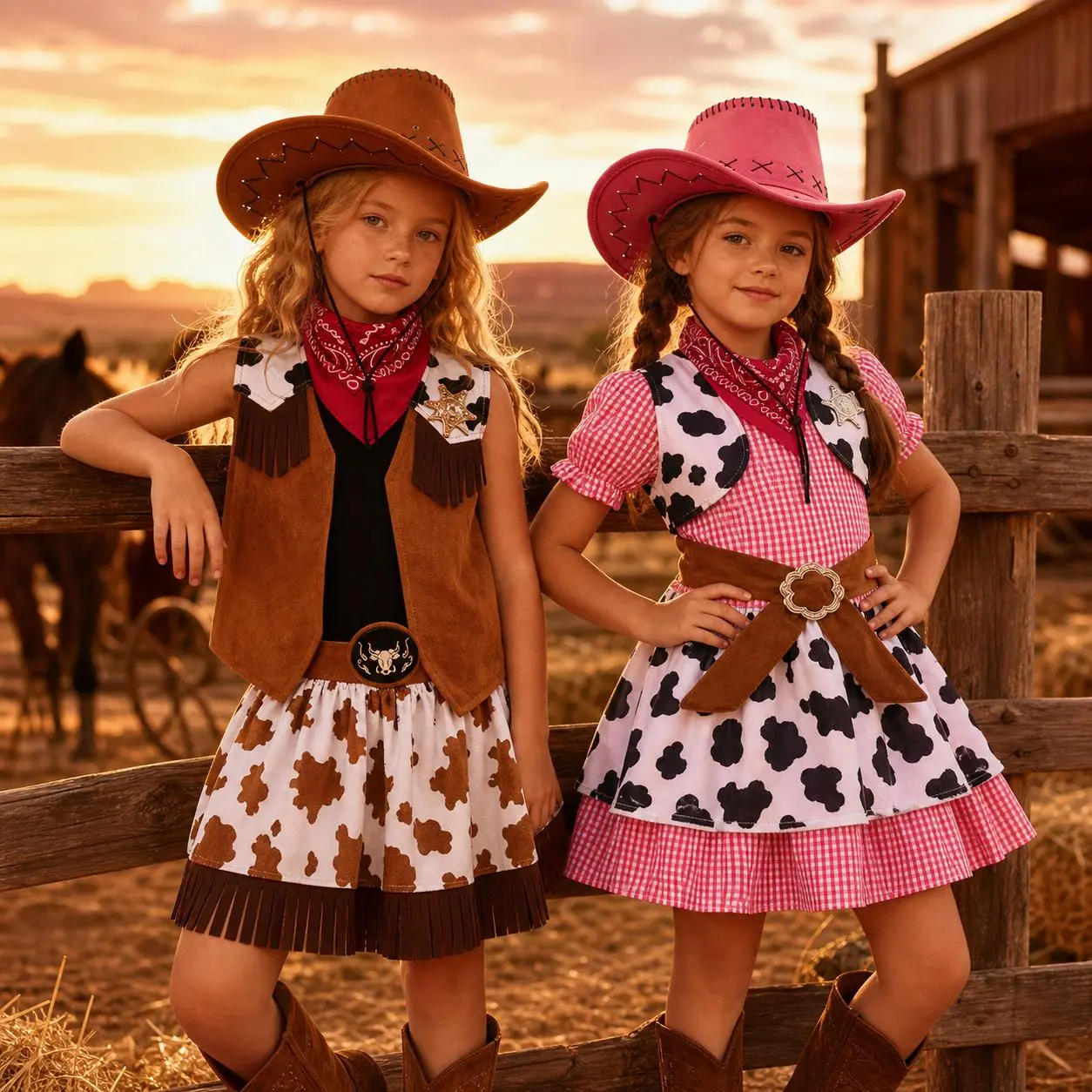 Girls' Cowgirl Jessie Costume Halloween Party Princess Dress Up Outfit with Western Wild West Cow Print Fringe Vest, Tutu Skirt, Cowboy HatKids Toddler Trick-or-Treat Cosplay