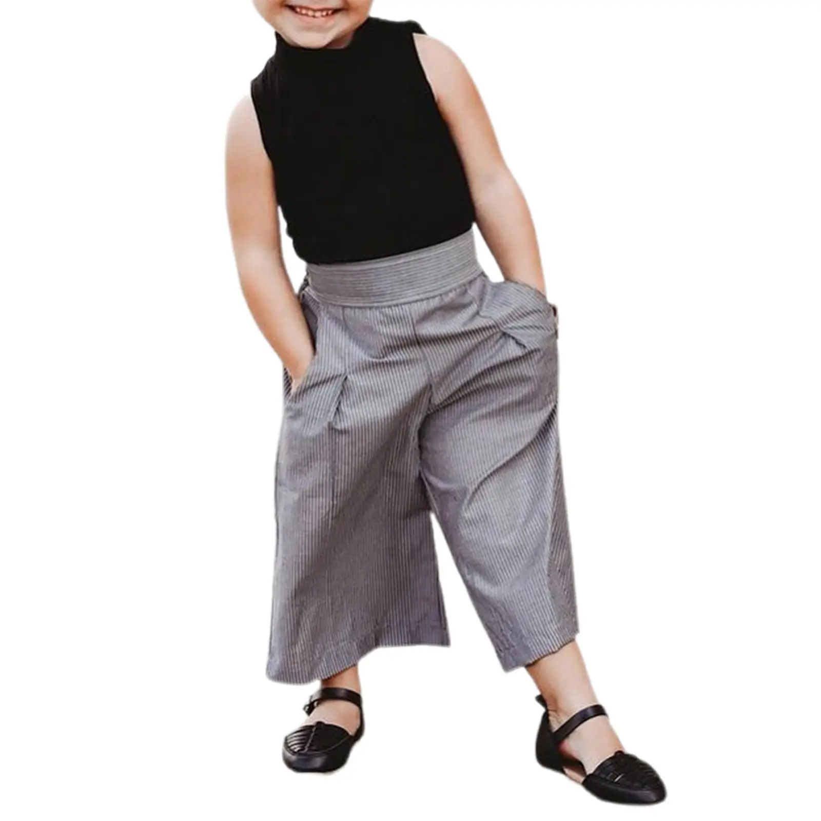 Canrulo 2pcs Toddler Baby Girl Turtleneck Sleeveless Ribbed Knitted Vest Shirt + Stripe Wide-leg Pants Sets