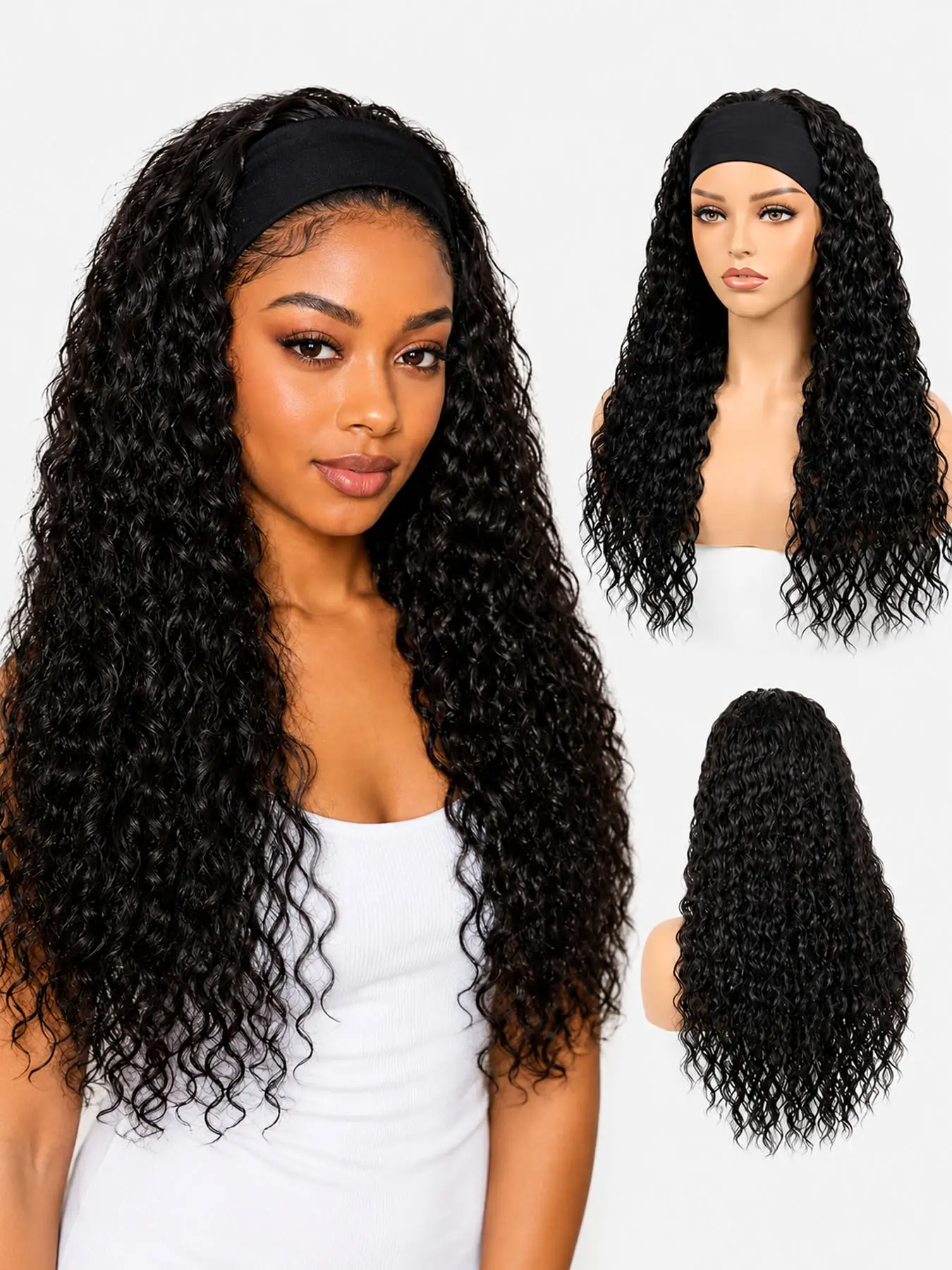 Curly Headband Wigs for Women, Wet and Wavy Synthetic Wigs, Glueless Heat Resistant, Long Wigs for Daily Party Use, 24 Inches