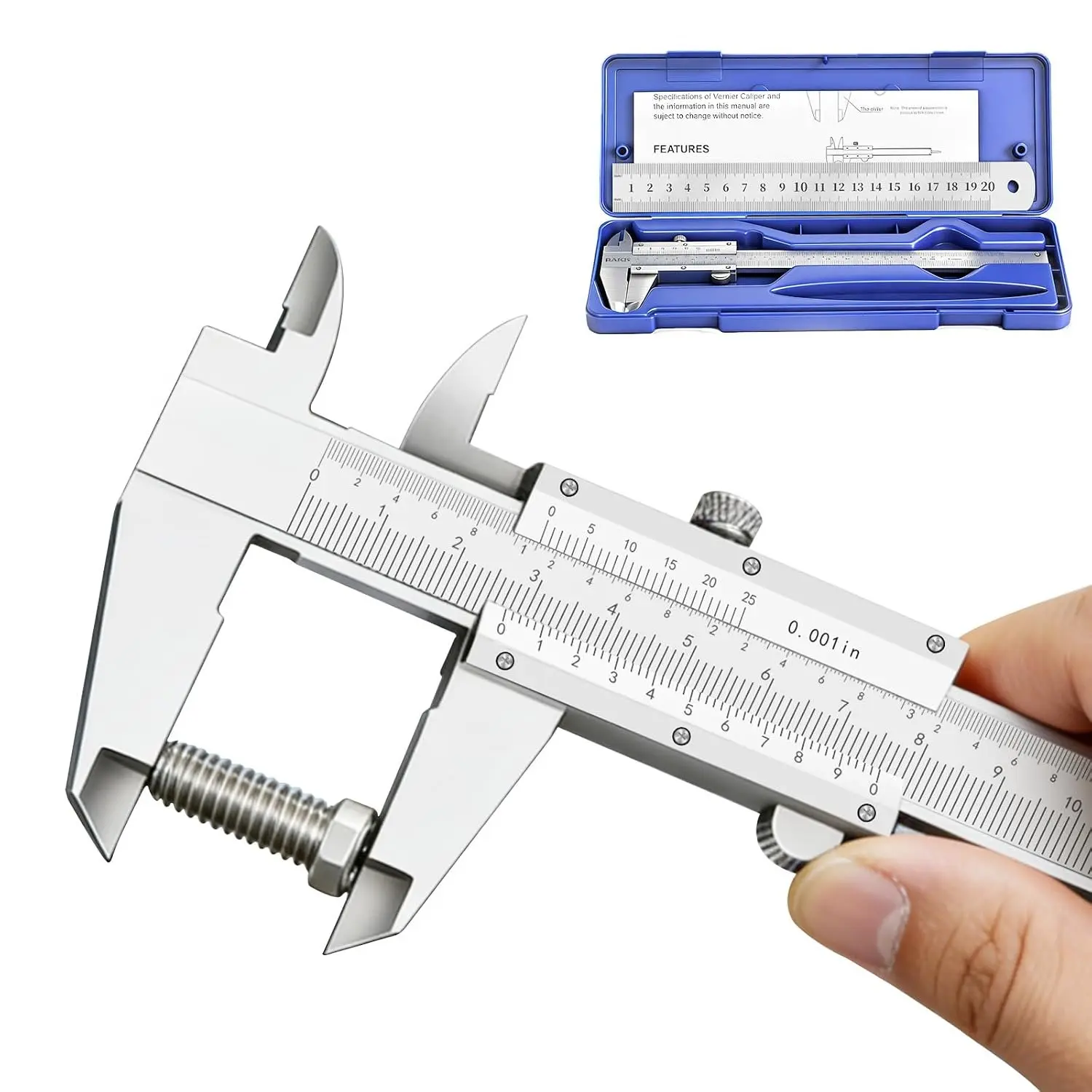 Stainless Steel Vernier Caliper, Manual Measuring Tool with 0-6"/0-150mm Range, 0.001In/0.02mm High Accuracy, Metric Scale