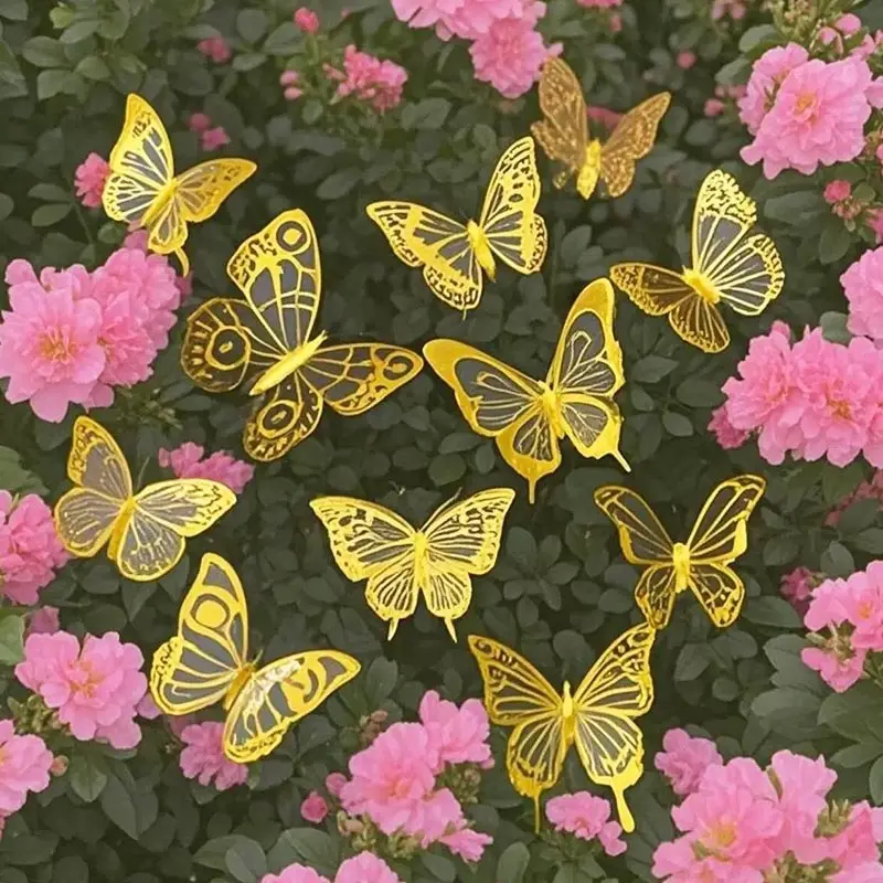 10pcs 3D Golden And Colorful Butterfly Wall Decals - Reusable Self-Adhesive Shimmering Plastic Stickers for Home Decor, Party Balloons, Cake Art, Crafts, Bouquets & Gift Embellishments, Butterfly Decorations