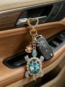 Luxury Turtle Keychain, Elegant Bag Charm with Crystal, Shell and Starfish Elements, Ocean Beach Style, Cute Animal Keychain for Handbag Backpack Wallet Car Keys