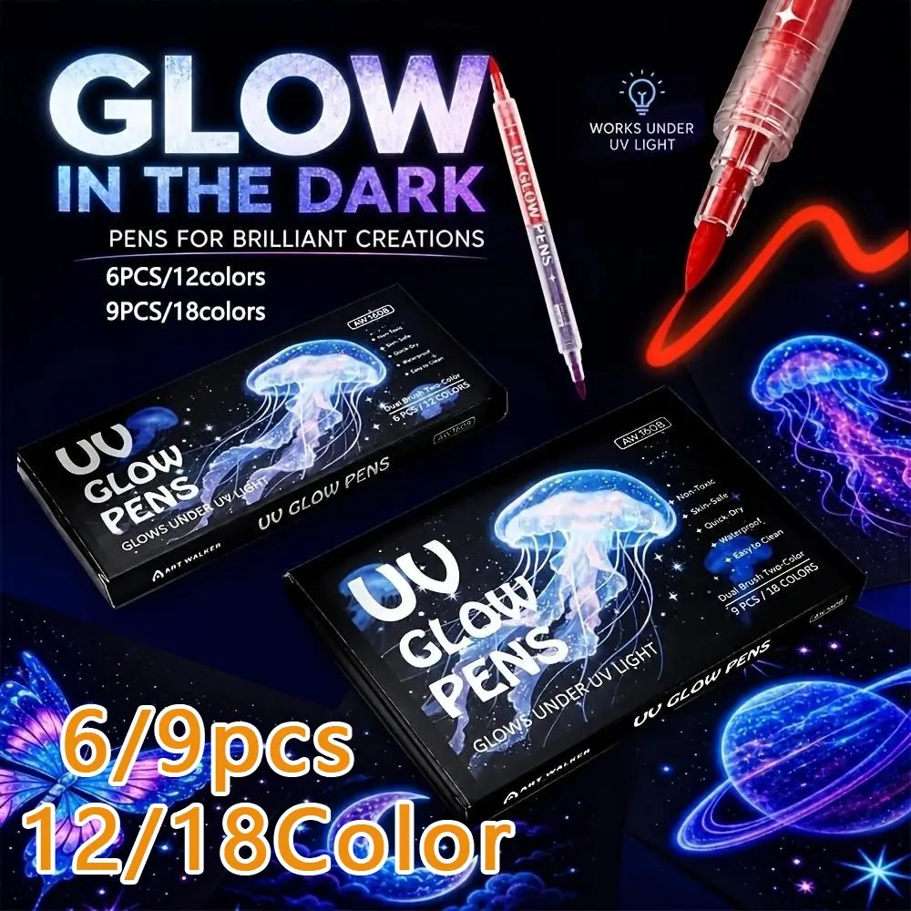 6-Pack 12 Colors/9-Pack 18 Colors Dual-Head UV Invisible Fluorescent Pens, Glow Markers, Artistic Graffiti, Water-Based Glow-In-The-Dark, Student DIY Creative Drawing Tools