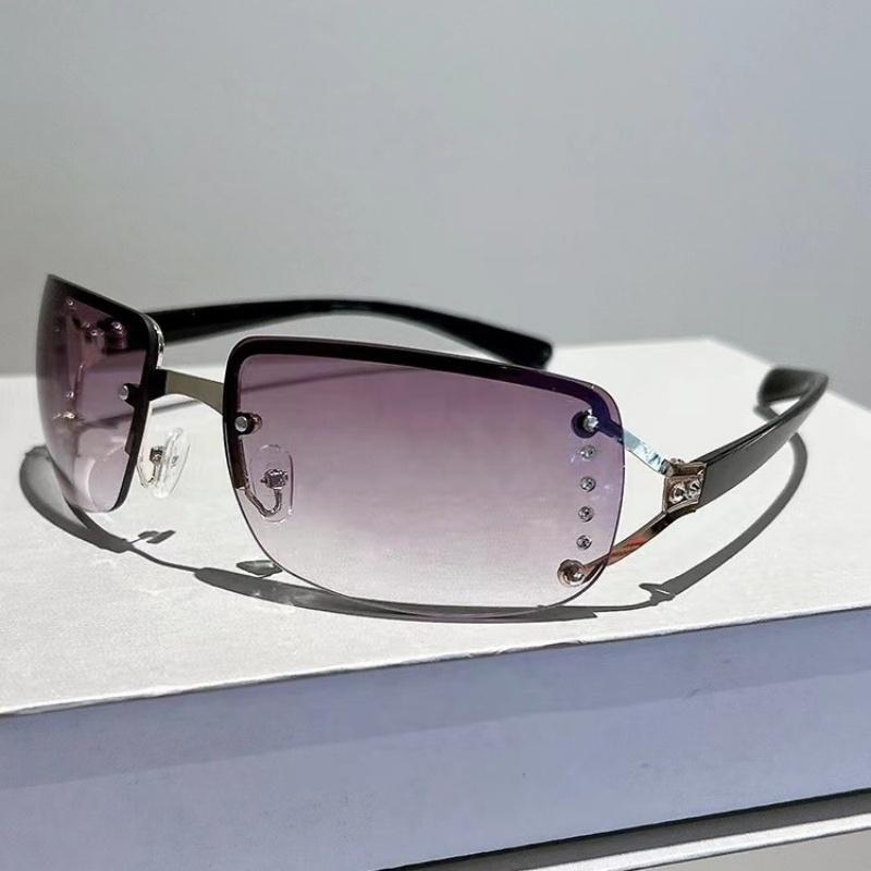 Women's Y2K Cyberpunk Frameless Glasses, Metallic Accents with Decorative Lenses, Lightweight Fashion Eyewear for Bold Style and Modern Aesthetics Trendy Square Cat Eye Sunglasses Oversized Aviator nighttime yellow tint Rectangle Sunglasses cute