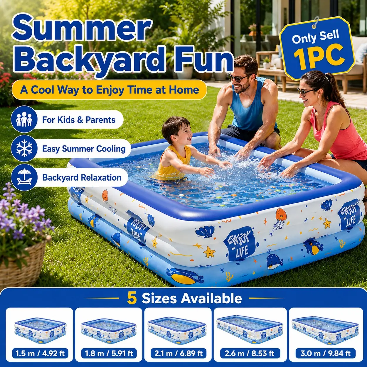 Large Inflatable Swimming Pool for Adults Kids, Kiddie Pool, Inflatable Splash Pool, Ocean Cartoon Print Pool, Thickened 3-Layer PVC Blow Up Pool with Soft Walls, Portable Above Ground Design for Garden, Lawn, Outdoor Summer Relaxing and Family Use