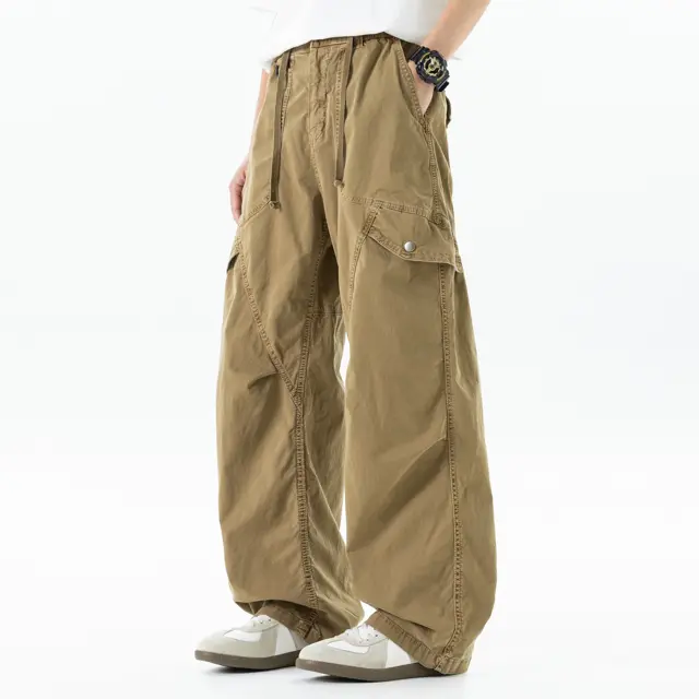 Men's Oversized Mid-Waist Cargo Pants - Elastane Elastic Drawstring Waist, Multi-Pocket Baggy Casual Comfy Trousers, Streetwear Summer Bottoms, Machine Washable