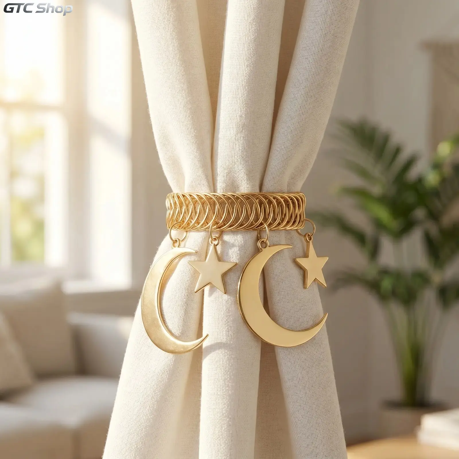 2Pcs Vintage Star‑and‑Moon Metal Curtain Tiebacks, Celestial Curtain Clips with Dangling Charms, Antique‑Brass Finish Window Treatment, Boho Witchy Aesthetic Home Décor for Living Room & Bedroom, Unique Room Ornament Gift