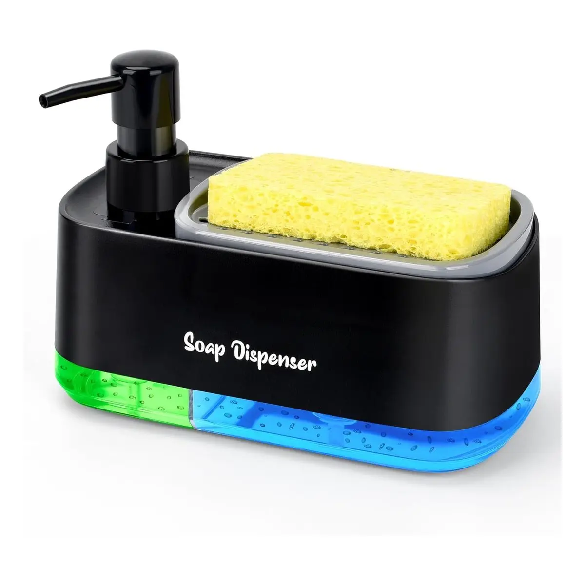 Black 3-in-1 Compact ABS Plastic Countertop Liquid Soap Dispenser Set - Dual Dispensers, Leakproof Rack, Sponge Holder, 20.3x12.2x11.5 cm, Multifunctional Home Supply for Kitchen Sink Areas, 20.3 Cm Long X 12.2 Cm Wide X 11.5 Cm High