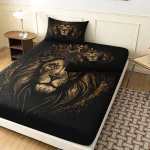 3 Pieces Black Vintage Golden Crown Lion King Fitted Sheet Set, Bed Sheets Set, Lion Head Print Bedding, Soft Microfiber Wild Animal Bedroom Decor, Twin Full Queen King Size, For All Season Home Family Dormitory Hotel Mattress ( No Pillow)