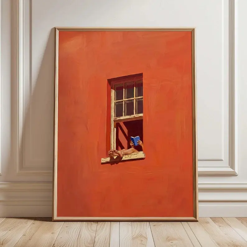 Reading Nook Wall Art Print, Woman Reading in Window Poster, Minimalist Book Lover Decor, Sunlit Orange Artwork