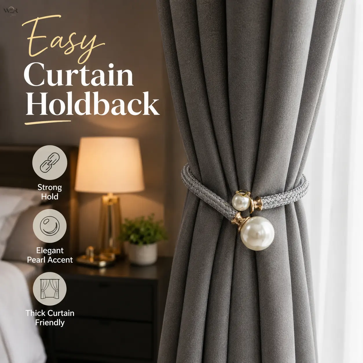 Single Large Faux Pearl Braided Rope Curtain Tieback, 50cm Flexible Magnetic Curtain Holdback, 11 Colors Elegant Decorative Drape Tie Strap for Thick Sheer Window Curtain Home Decor