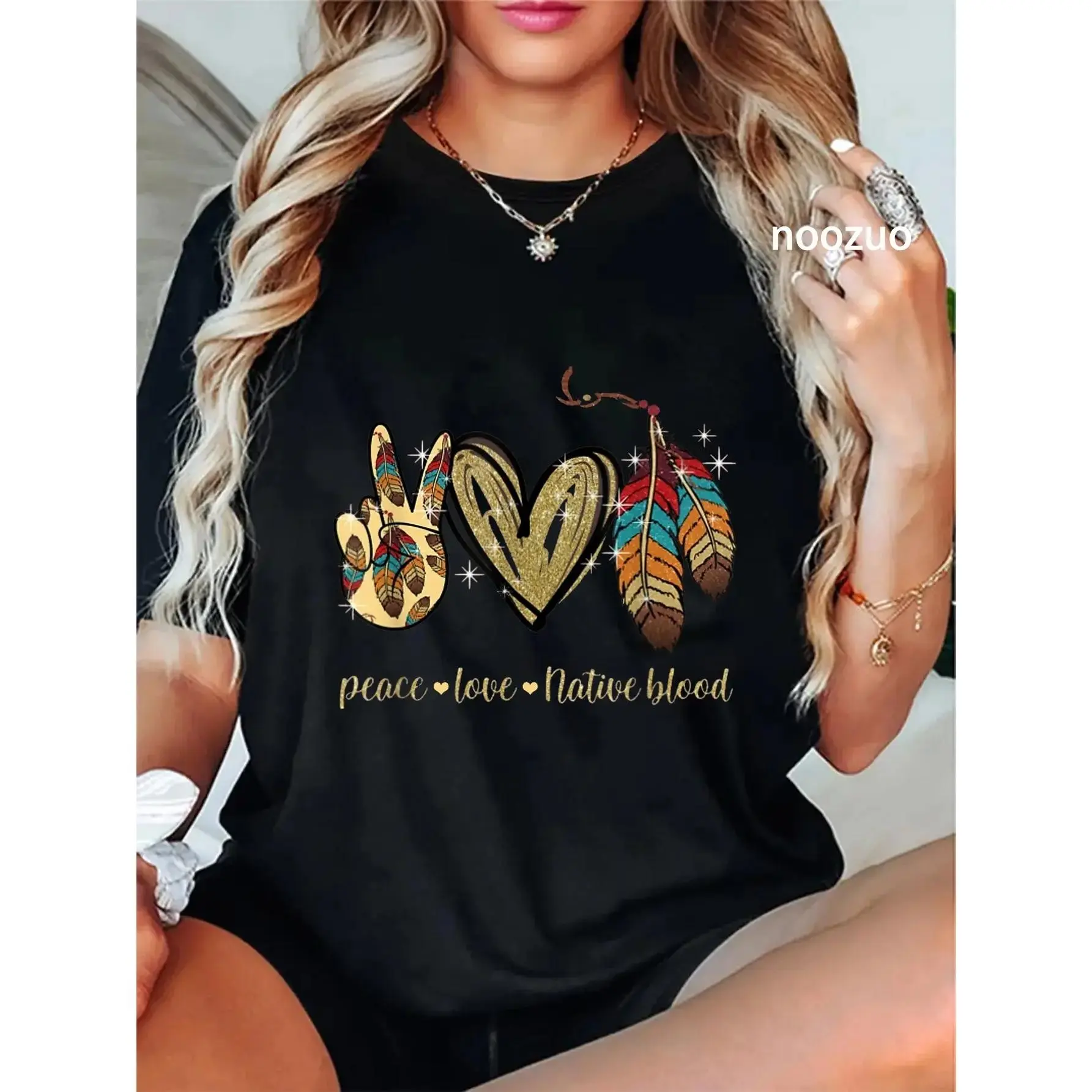 100% Cotton Unisex Peace Love Native Blood Native American T-Shirt Casual Top