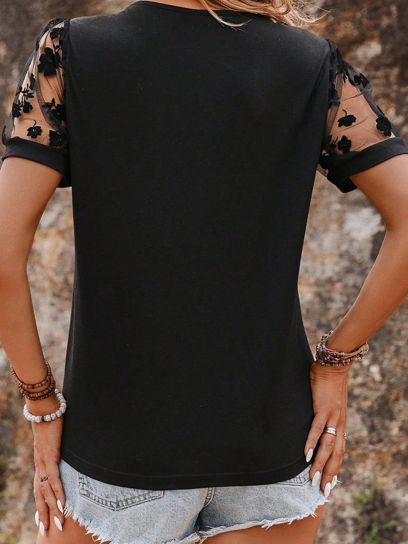 Women's Plain Floral Lace Splicing Tee, Fitted Casual Shortsleeve Tshirt for Summer, Ladies Clothes for Daily Wear, Top, Casual Breathable Top