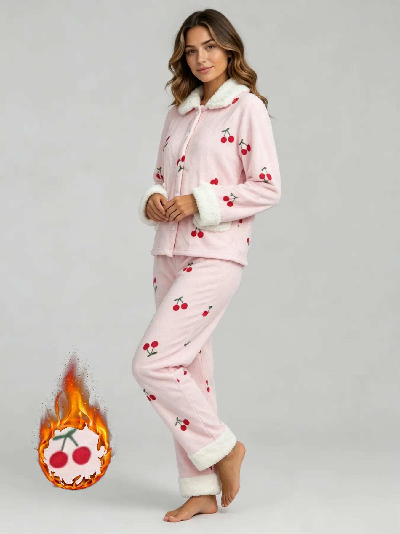 Women's Cherry Print Sheepskin Sleepwear Set, Pocket Lapel Cardigan and Straight Leg Pants, Cozy Home, Sweet Girl Style