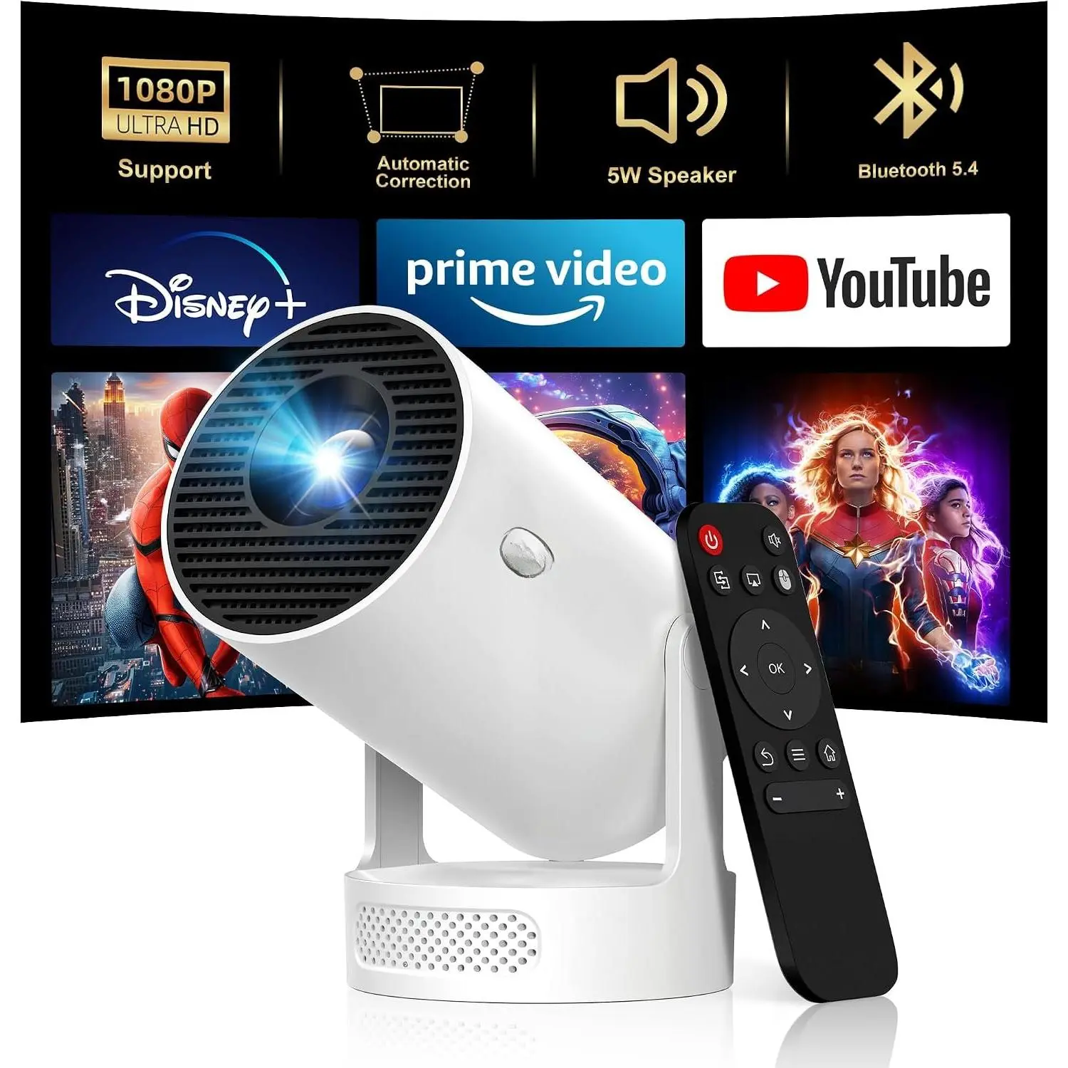 Portable  Projector with Android 14, WiFi 6,  5.4 and 180° Stand,  Mini Projector for Bedroom, Ceiling Projection,  Theater and Outdoor Movies