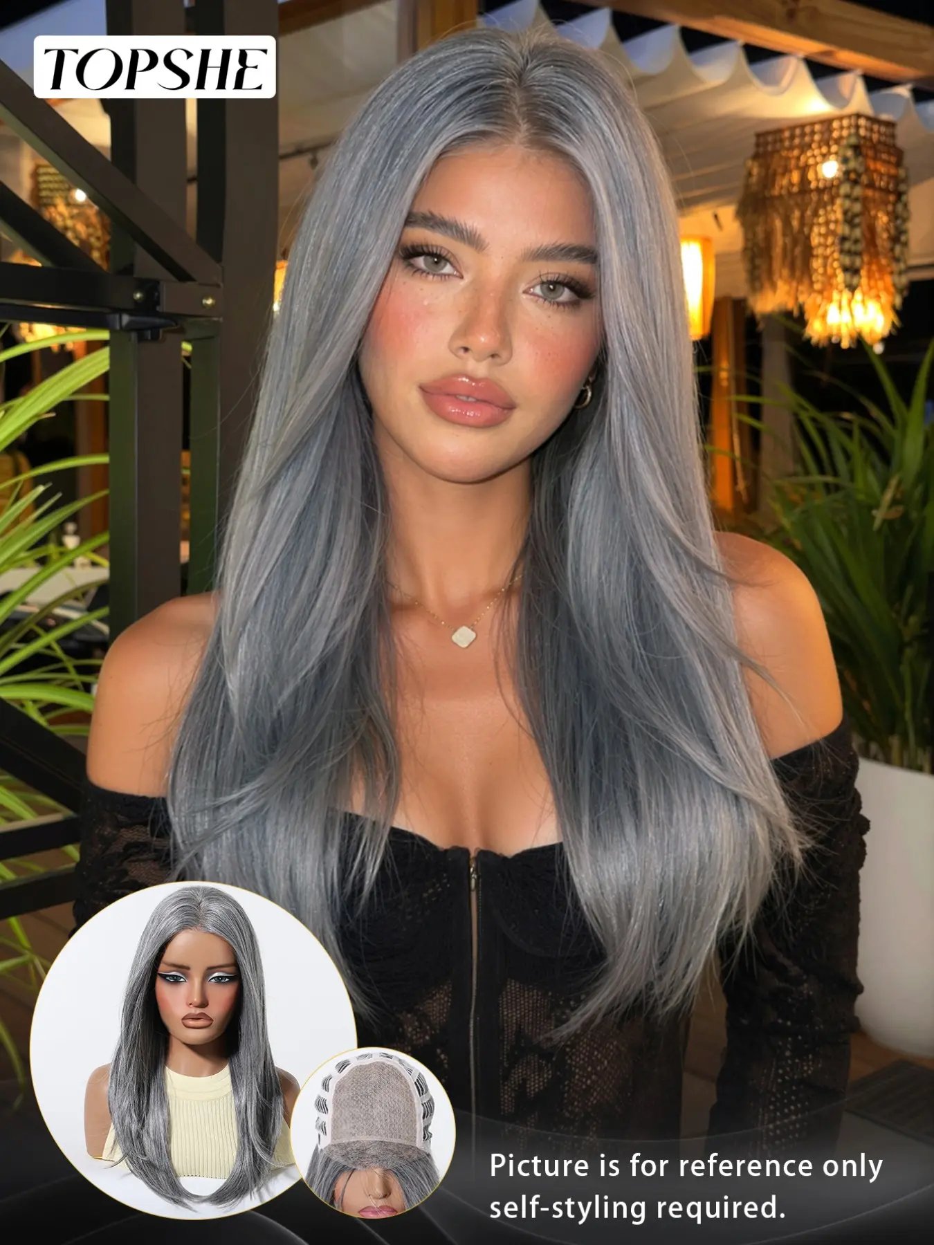 Topshe High-Definition Lace Mono Wig, Pure Cool Silver V-Shaped Layered Straight Hair, Hand-Woven Top Net, Heat-Resistant Women's Wig, HD Lace Wig