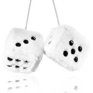 Pair 3” White with Black Dots Mirror Fuzzy Plush Dice, White and Black Soft Plush Car Decorative Hanging Ornament.