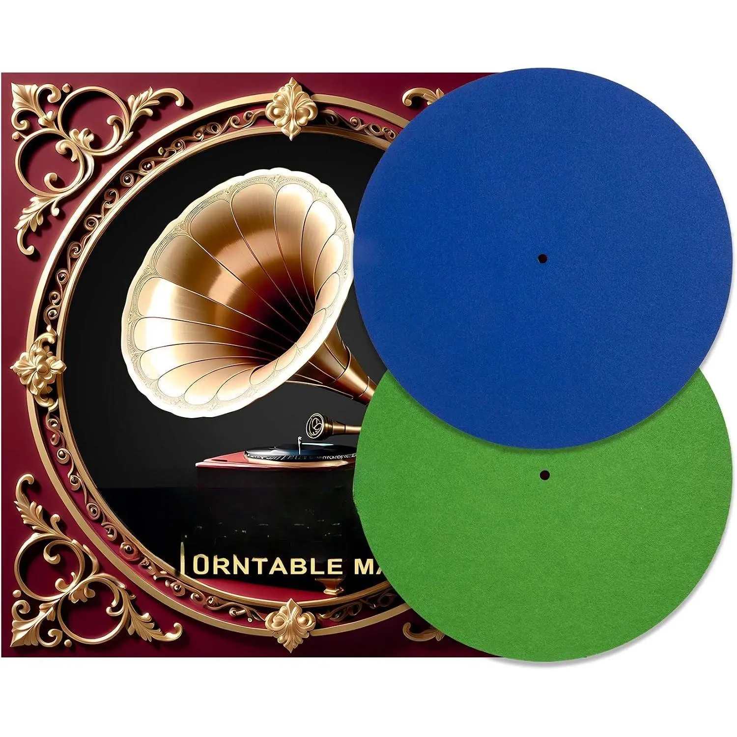 2 count  Turntable Slipmat, 12 Inch Record Player Mat Anti-Vibration Shock Absorbing Protective Pad, Improve Sound Quality Phonograph Turntable Accessories (Green & Navy Blue)