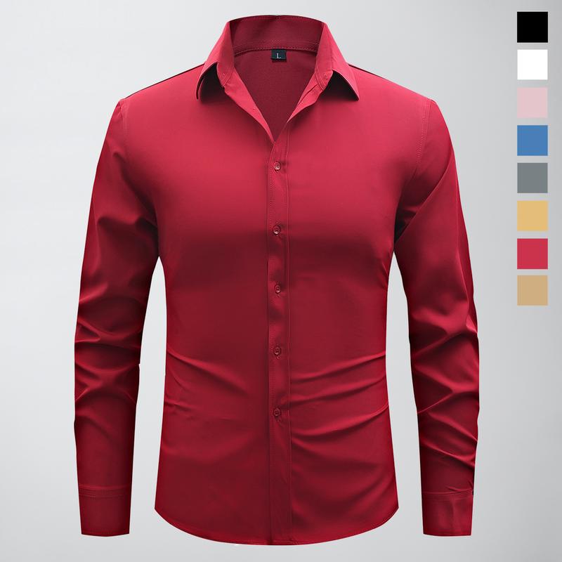 Non-stretch men’s slim-fit long-sleeve shirt; casual button-front dress shirt suitable for semi-formal and business-casual occasions; men’s formal inner layer; solid-color pointed-collar button-front long-sleeve shirt; menswear