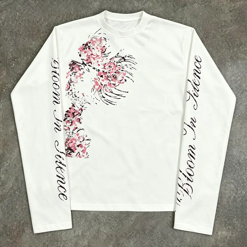 Unisex White 100% Cotton Diagonal Floral Distressed Print Dual Sleeve Script Long Sleeve Tee American Sweet Cool Vintage Cropped Slim Casual Top