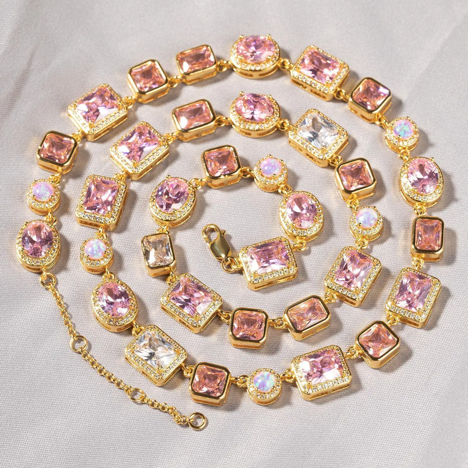 IH Iced Out 10mm Pink Tennis Chain Necklace Bracelet 2-Piece Set 18K Gold Plated Natural Sri Lanka Zircon Hip Hop for Men Women Gift