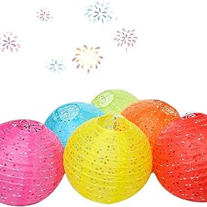 BASIC SUPPLY 5PCS Paper Lanterns Colorful Vibrant Decoration 6inches with LED Lights, Hollow Out Hanging Lanterns with Tassels Walking Sticks for Dinner Birthday Party Decor (Round)