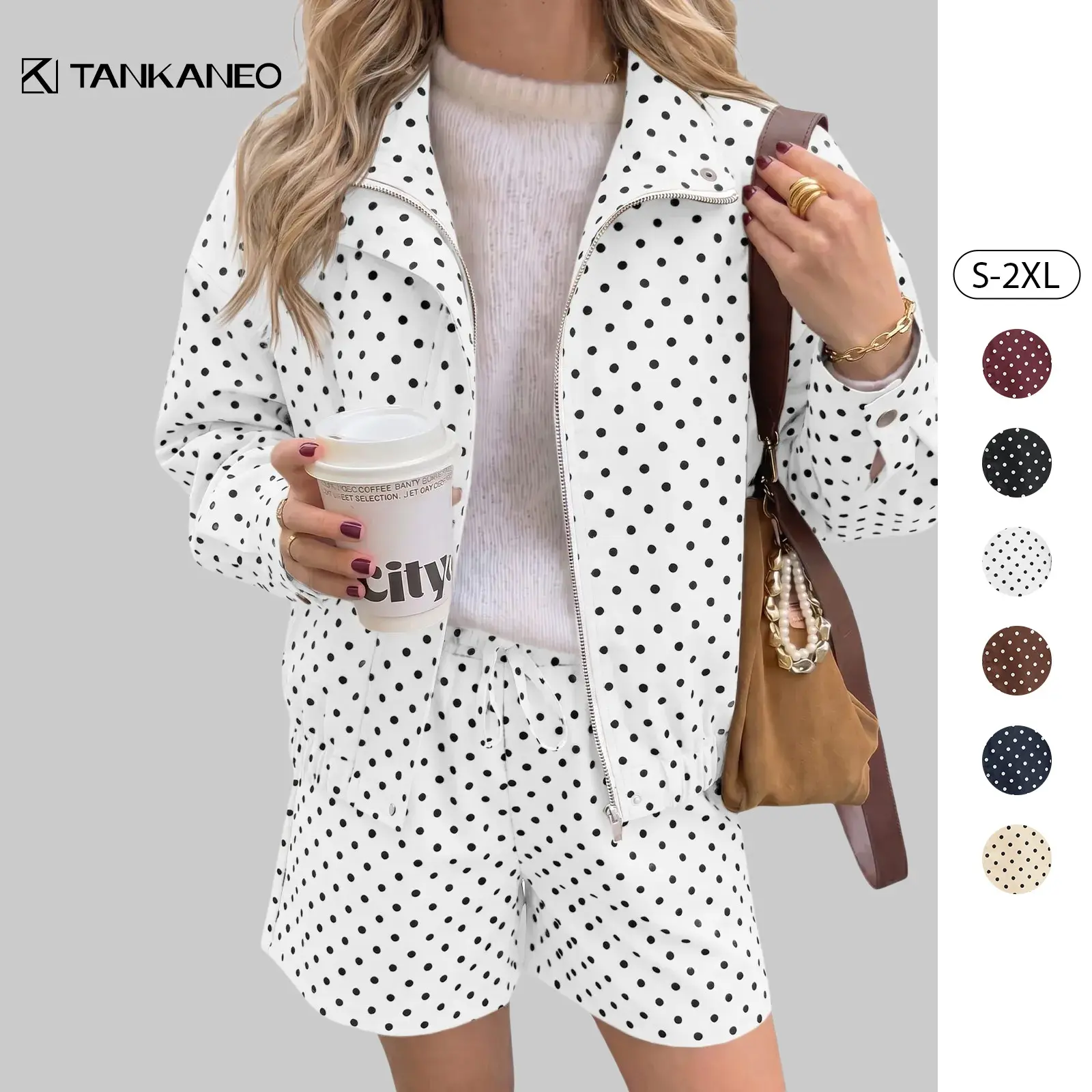 Tankaneo Womens Polka Dot 2 Piece Pants Sets Long Sleeve Oversized Zip Up Jackets and Shorts Trendy Going Out Outfits
