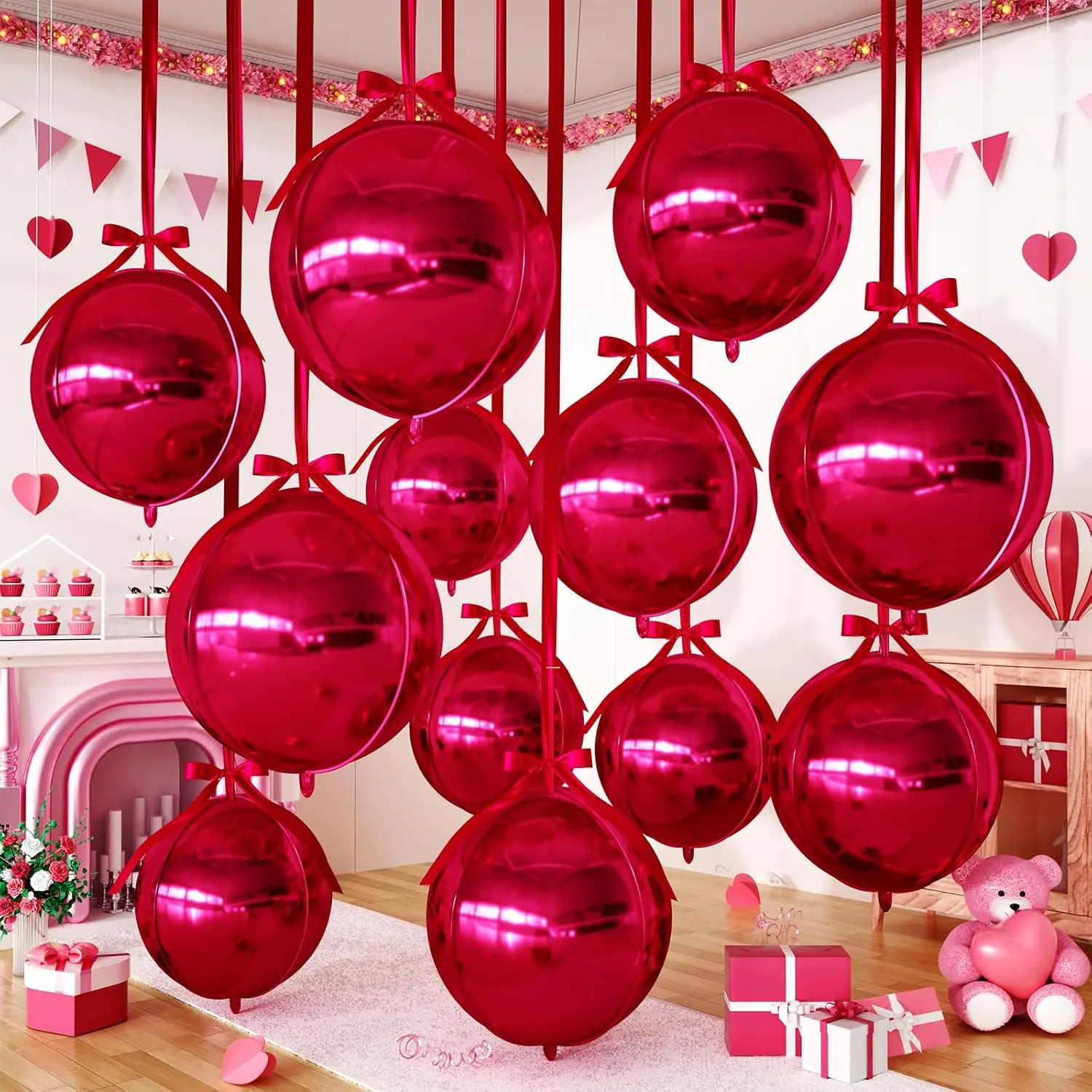 12Pcs Maroon Burgundy 4D Mirror Metallic Foil Balloons Assorted Sizes, Chrome Round Inflatable Ball with Ribbon, Ceiling Hanging Balloon for Wedding Birthday Graduation Party Decor