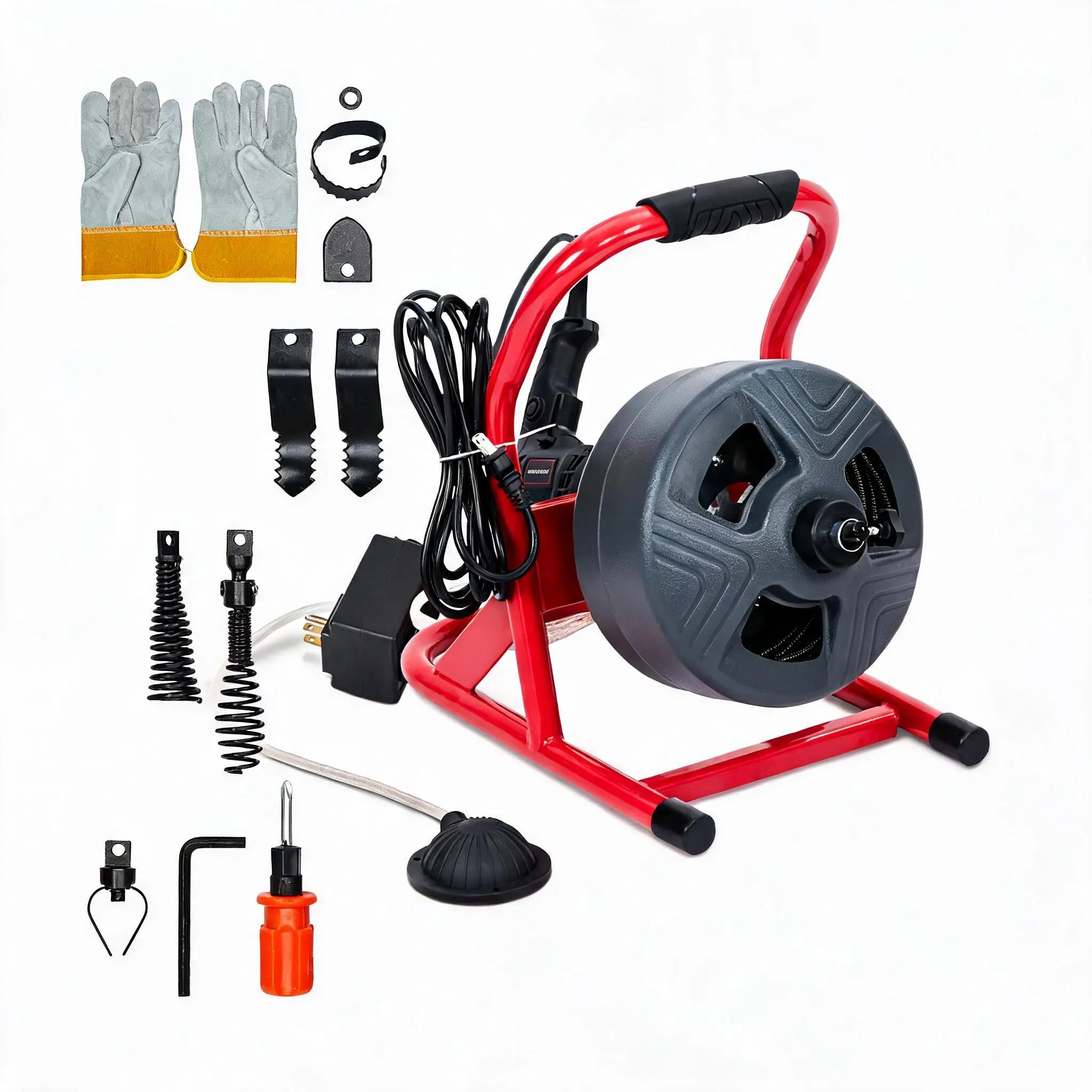 GARVEE Professional 50Ft Electric Drain Auger - 5/16" Mn65 Steel Core Cable, 6 Cutters, Foot Switch & Gloves - For 3/4"-3" Pipes, Commercial/Home Use