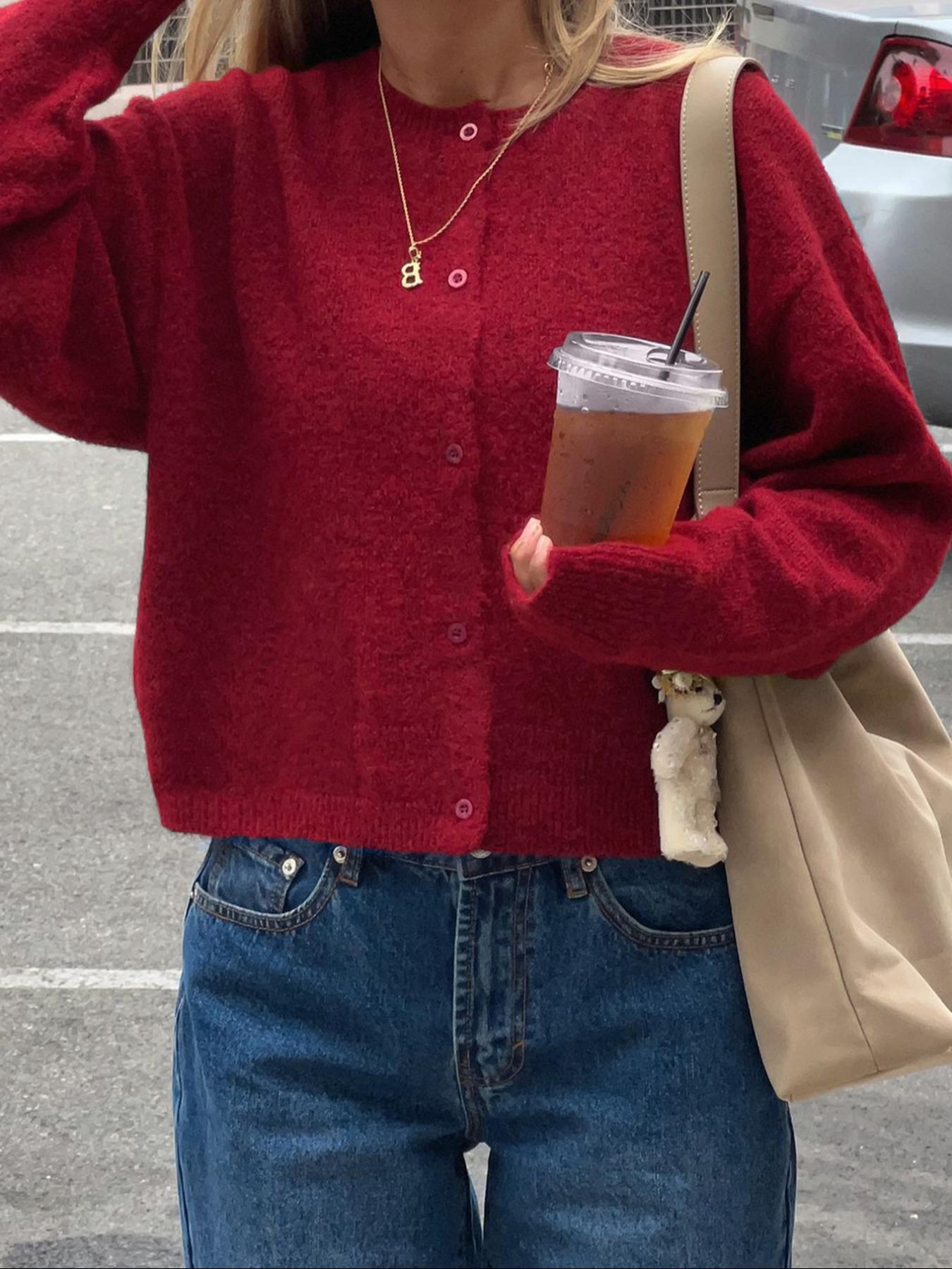 Women's Casual Fitted Sweater Jacket, Knitwear, Plain Knit Outerwear for Fall & Winter, Comfortable Moderate Fabric, Stylish Commute Wear