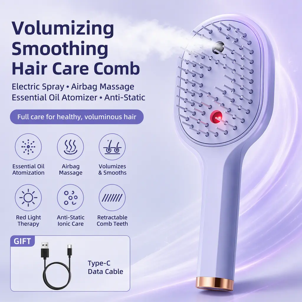 Electric Spray Airbag Massage Comb Essential Oil Atomizer Anti‑Static Smooth Volumizing Hair Comb