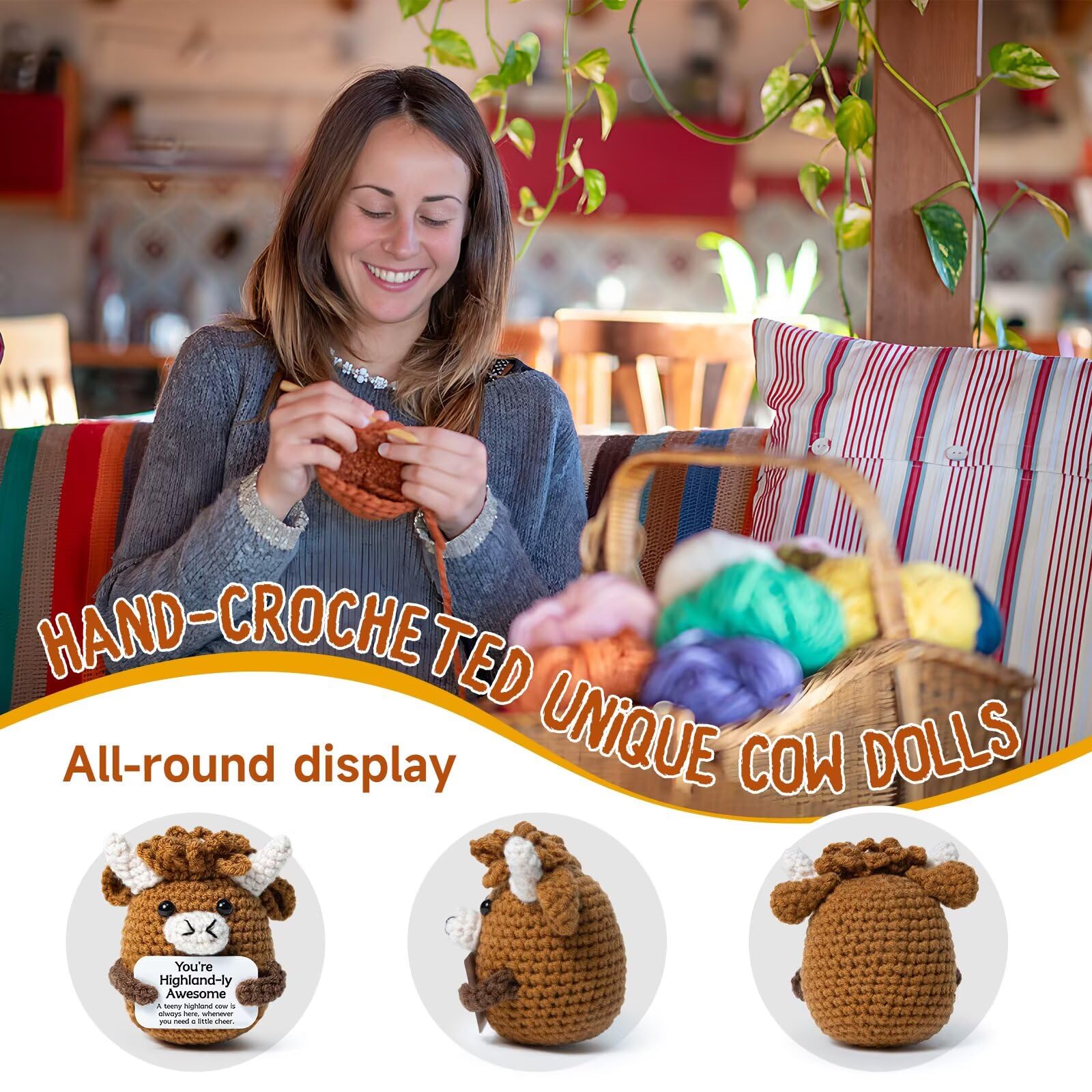 Cute Handcrafted Highland Cow Knit Plushie,Ultra Soft Fluffy Stuffed Animal,Squishy Relaxing Toy for Anxiety Relief,Adorable Bag Keychain Pendant,Perfect Festival Gift for Family Friends,Desk Bedroom Car Decor,Unique Handmade Crochet Cow Doll